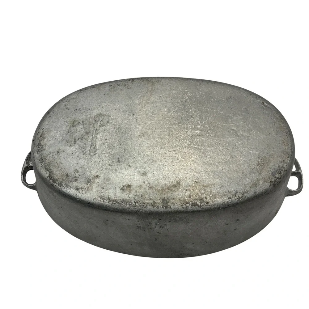 Vintage Cast Aluminum Oval Roaster Pan with Lid Primitive Farmhouse Dutch Oven